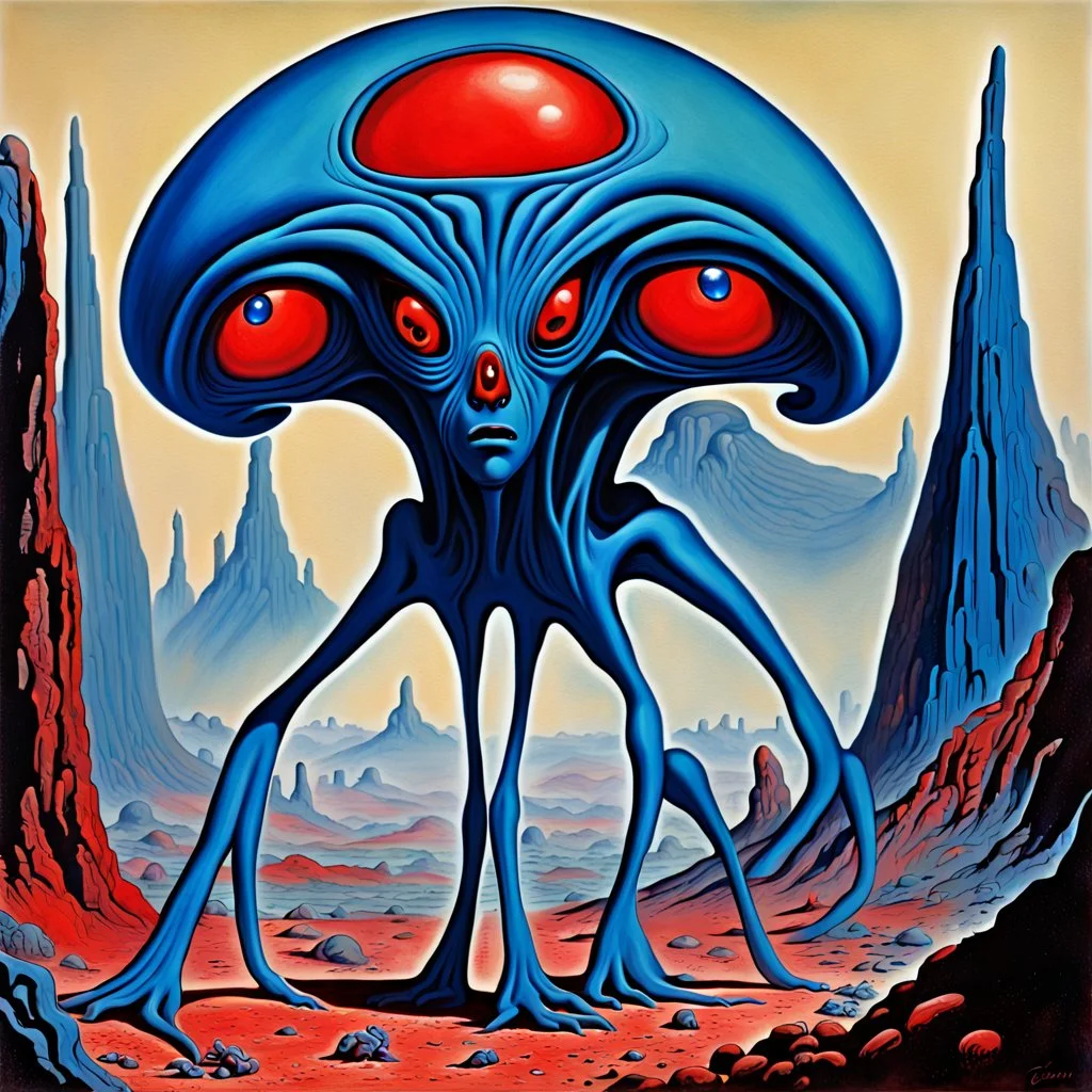 French surrealism animation art from 1970s, illustration of large blue alienoid creatures, mesmerizing, hallucinogenic tones, strange, creepy cutout style of animation of phantamosgoric giant blue alien with red eyes, Czech animation tradition, art by Roland Toper, Dali-esc environment, trance-like, Fantastic Planet aliens