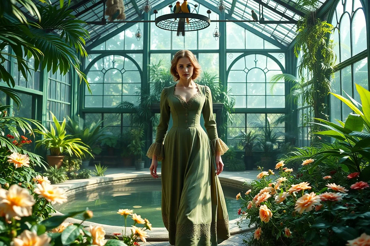 Victorian green open house overtaken by jungle,with smal natural pool in center exotic birds nesting in iron rafters, morning mist, lost paradise atmosphere,a pretty model lady in victorian clothing walking in flowers to camera that capture closeup full body shot of her majesty.