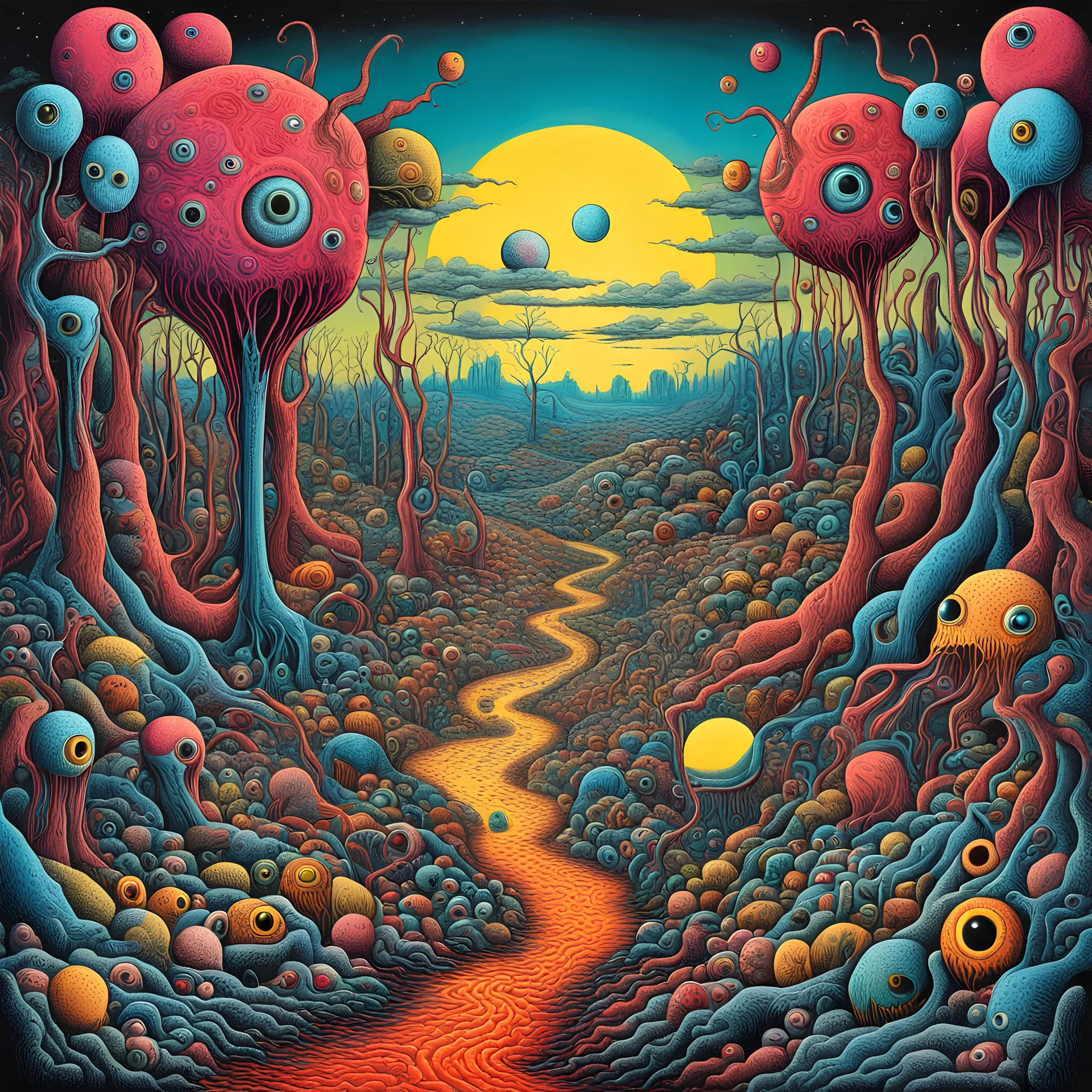 surreal morbid chaotic landscape, horror surrealism, creepy, artistic, by Basil Wolverton, by Steven Harrington, bright vivid colors, eyeballs