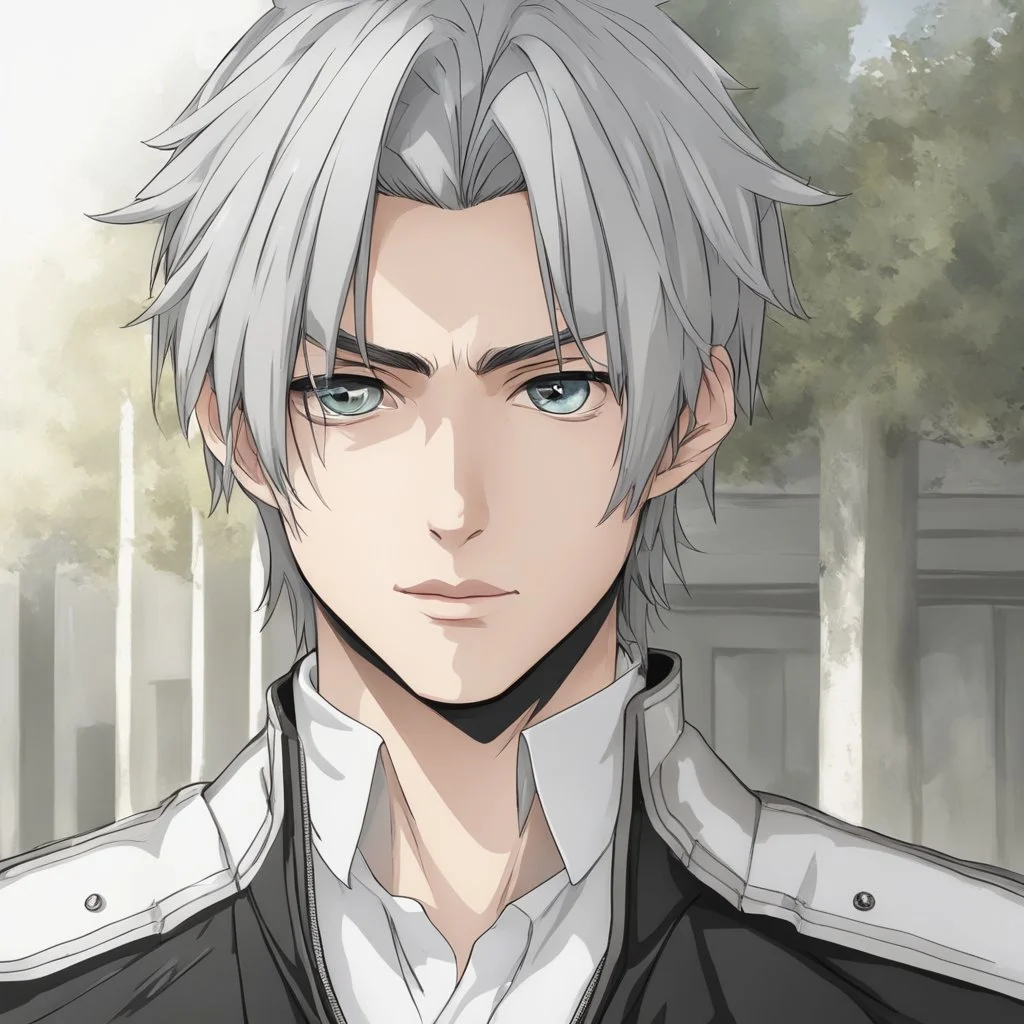 A stunningly detailed (((headshot portrait))), capturing the essence of a young man in his 20s with silver hair and piercing gray eyes, exuding a sense of confidence and protection, anime realism style