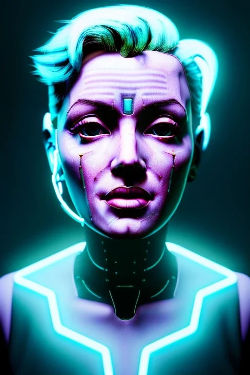 Ultra Realistic image, portrait, blonde woman, sweet Marylin Monroe face, perfect iris, glow eyes, glow makeup. Cyborg, Cyberpunk, ghost in the shell style, wires connected, oversized transparent latex coat, yakuza tattoos body. fog, rain, soft color, highly detailed, unreal engine 5, ray tracing, RTX, lumen lighting, ultra detail, volumetric lighting, 3d, finely drawn, high definition, high resolution.