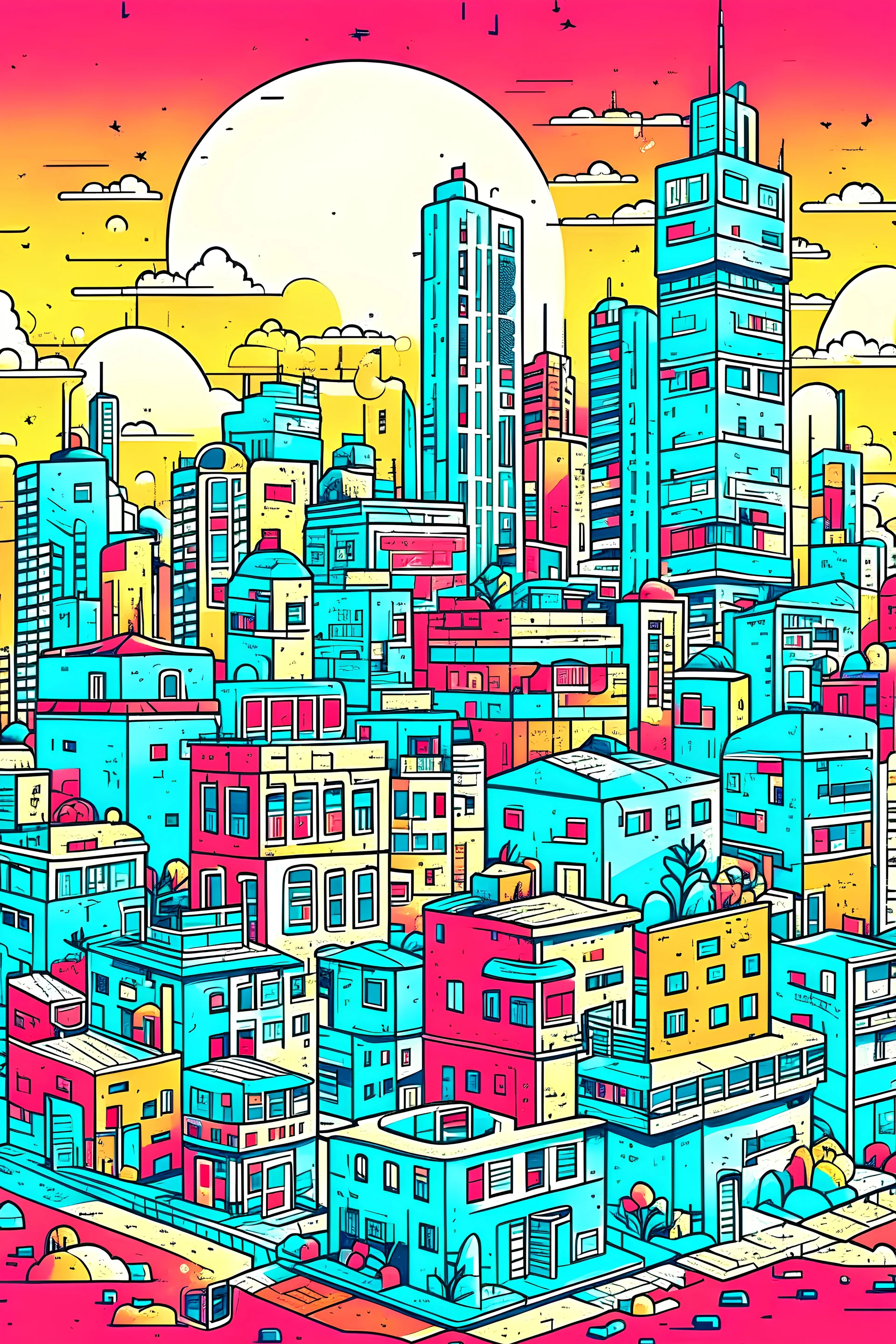 An illustration about a caotic city with a lot of elements using online 2 colors