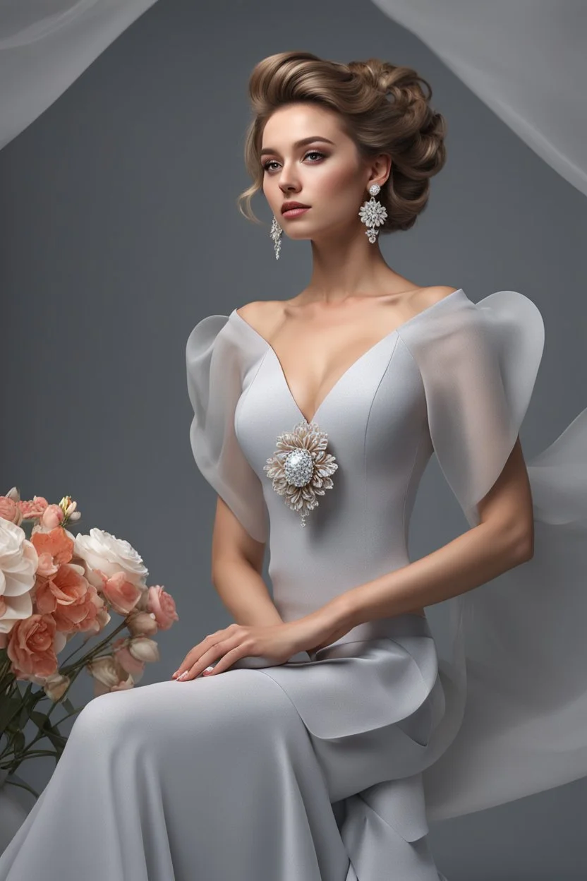 full body woman, from Russian Federation , elegant dress, elegant curled hair , 19 years old ,earring, no make up,8k, Candid avant garde portrait, charming woman, wearing Lovely Flower Diamond Pendant, octane render 3d, plastic material