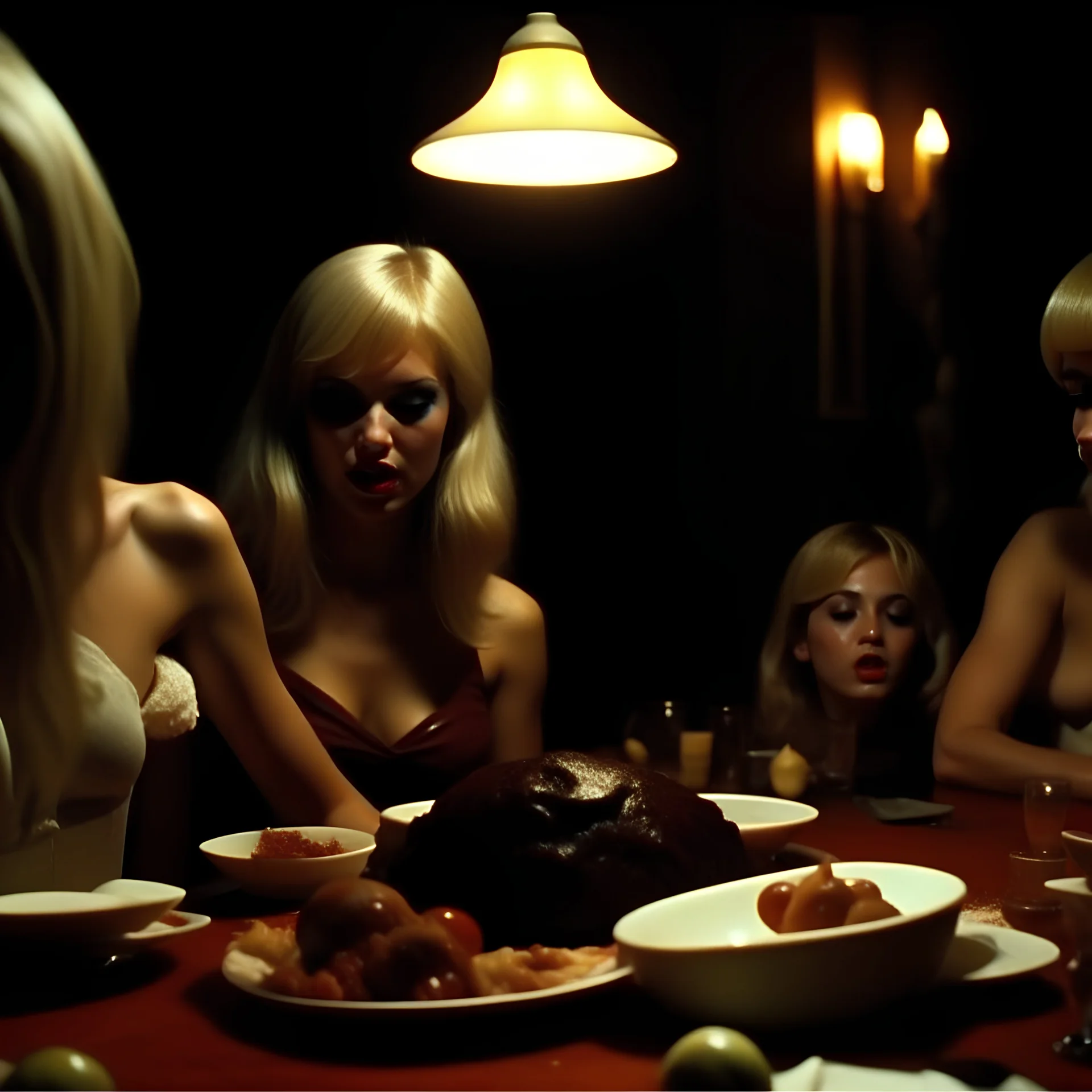 Horror movie shot, spooky, very hot, ultra realistic hot dine, ultra realistic hot blonde women, hot party, pieces of meat, they enjoy organs, ail, dynamic, very excited people, hypermaximalist figures, light, 1970's Italian horror movie, sinister,, Dario Argento, Stanley Kubrik, ornate, 4k, photorealism