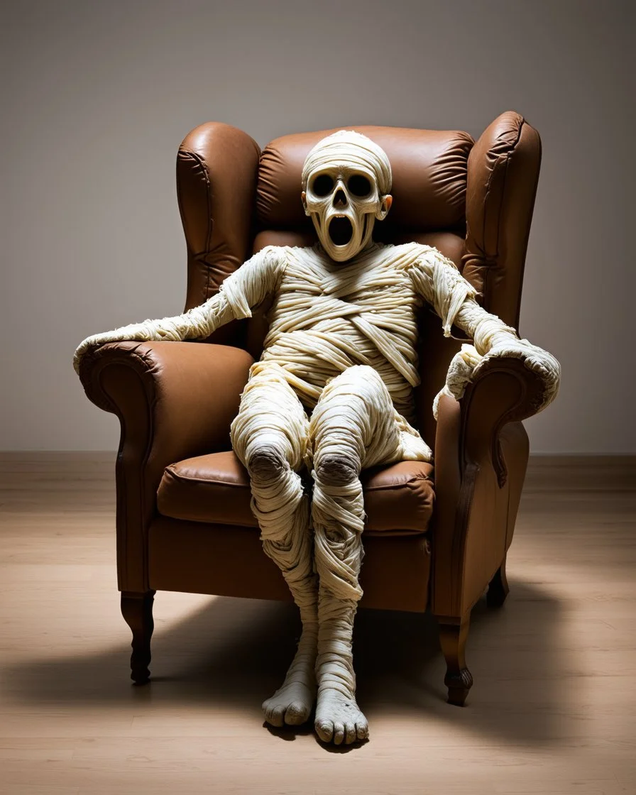 a decrepit mummy leaned over in a brown chair, mouth open