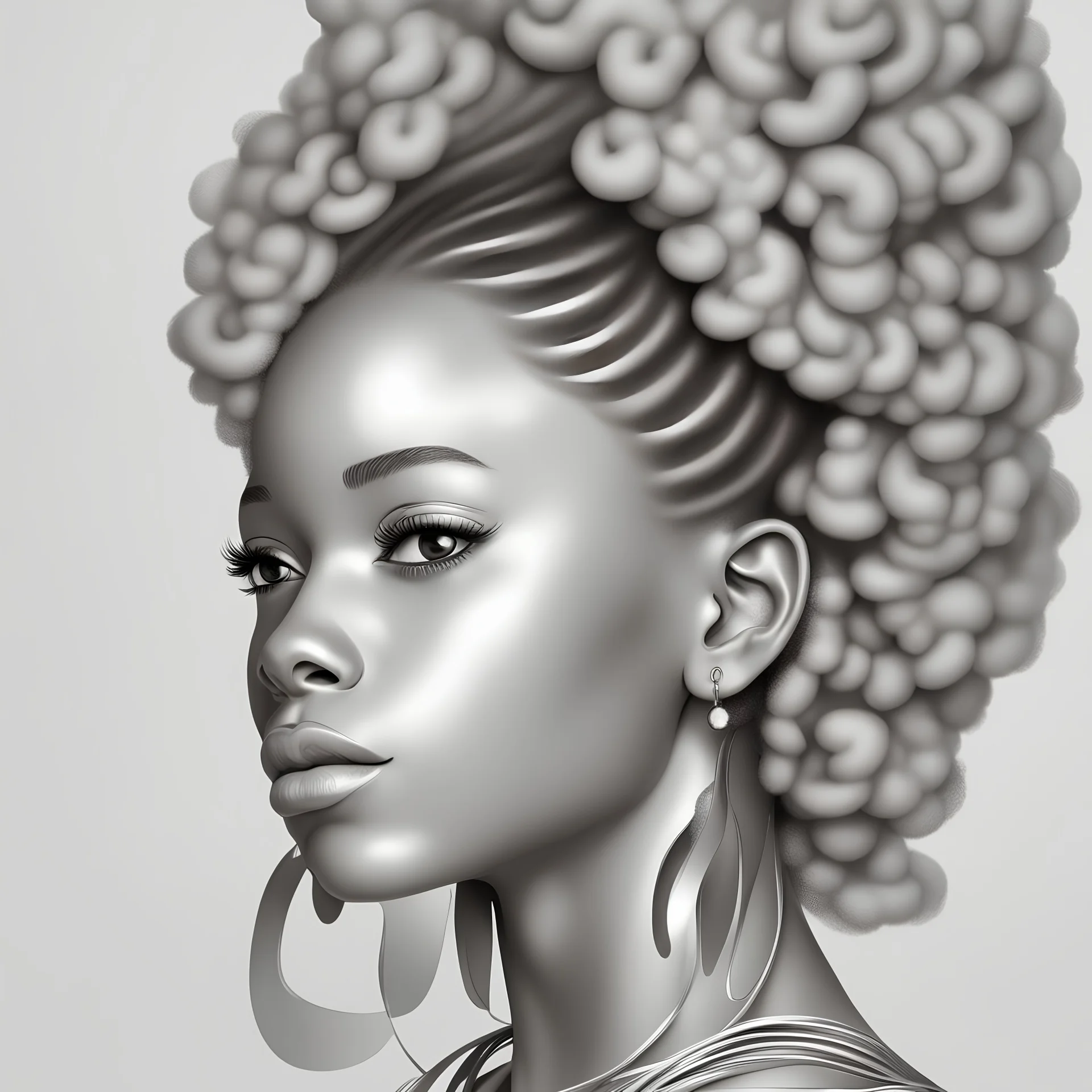 white background, design of a african girl with curly and volumous hair, soft skin, sharpen image, 3d art, colorful, white background