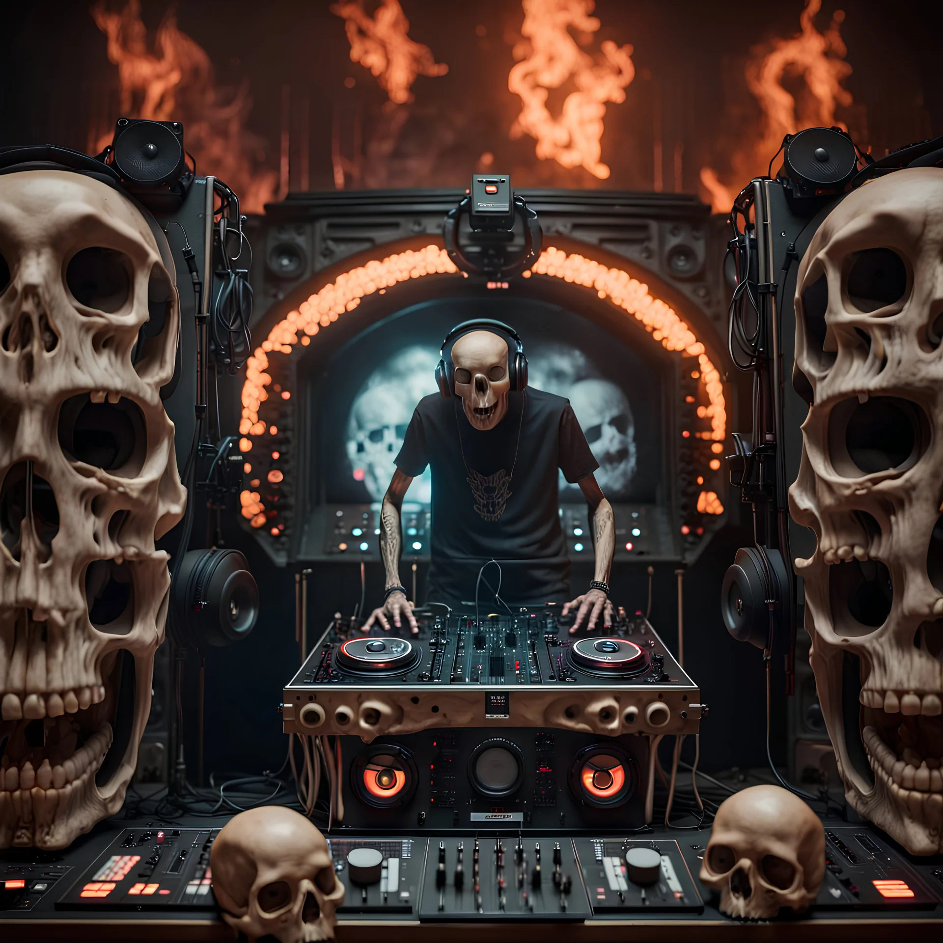 DJ of the damnded, insanely detailed DJ booth in hell, MID set, speakers and equipment made of bone, anatomically correct, add more skulls in th audience, photorealism, vray, 8k 3d