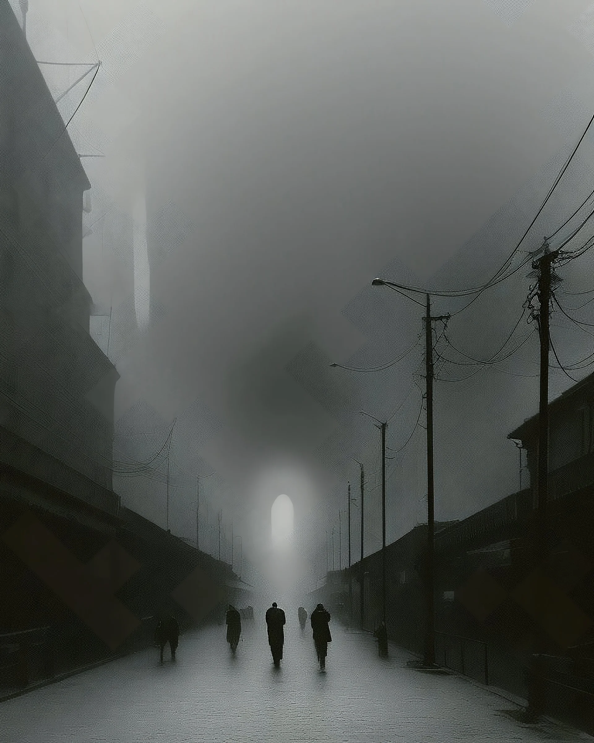 Dark street life creepy fog colours strong texture nightmare 8k artistic Photography volumetric light, Yves Tanguy Max Ernst Gustav Klimt chaos fool