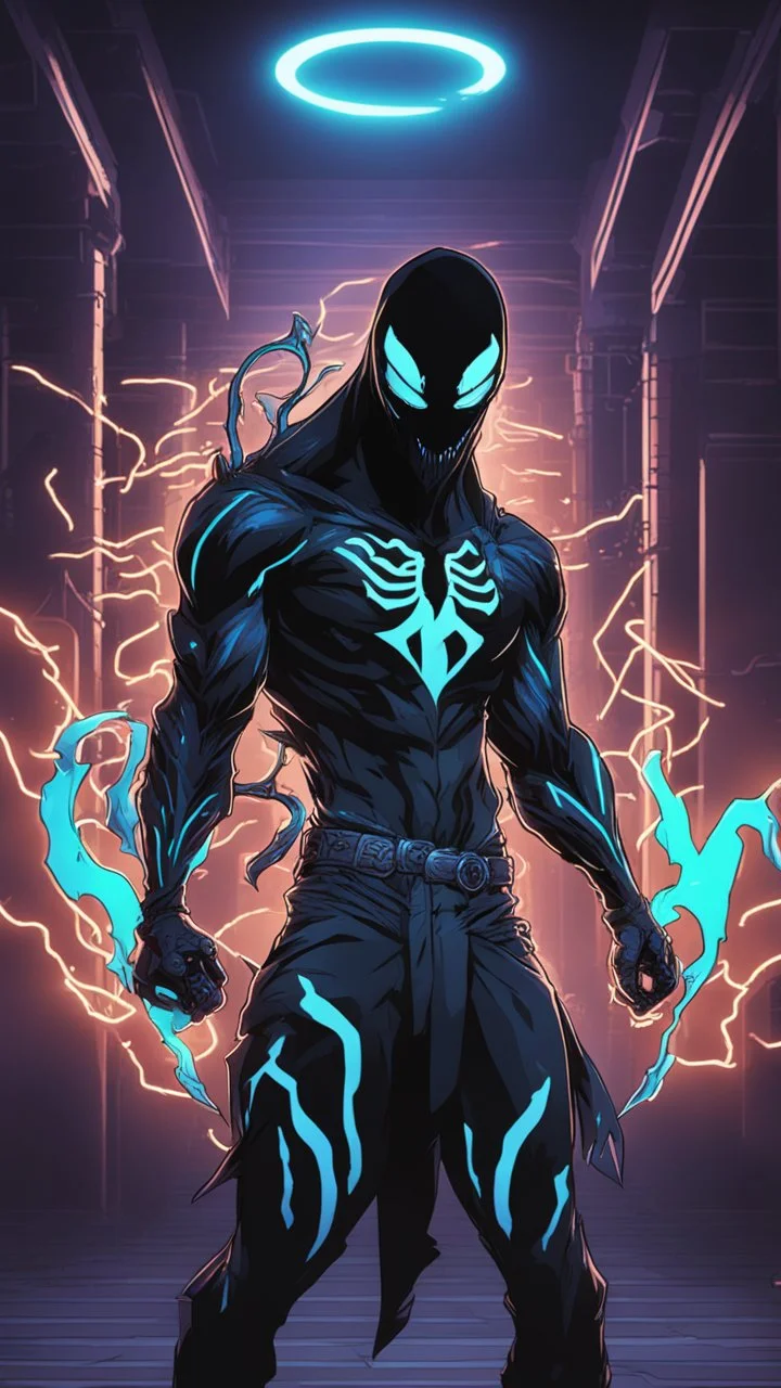 Mix between venom symbiote and Reaper in solo leveling shadow style with neon glowing blue