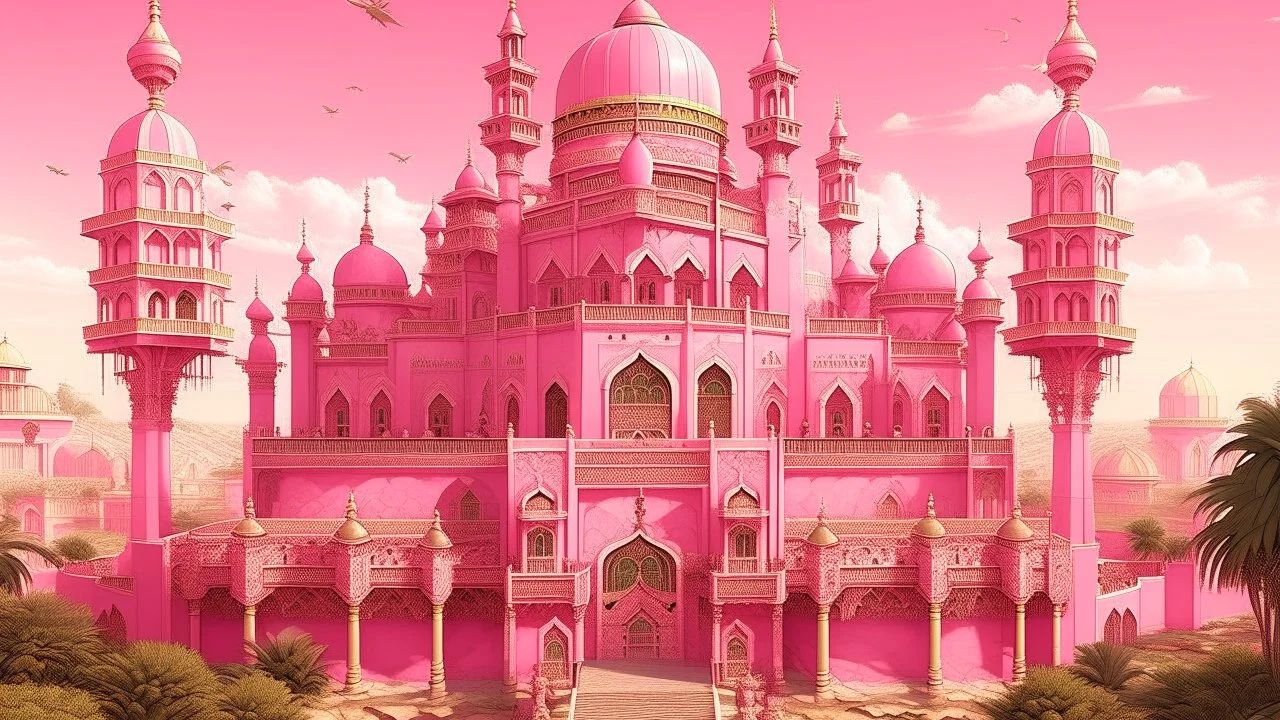 A rosy pink Arabian kingdom with a palace painted by Xul Solar