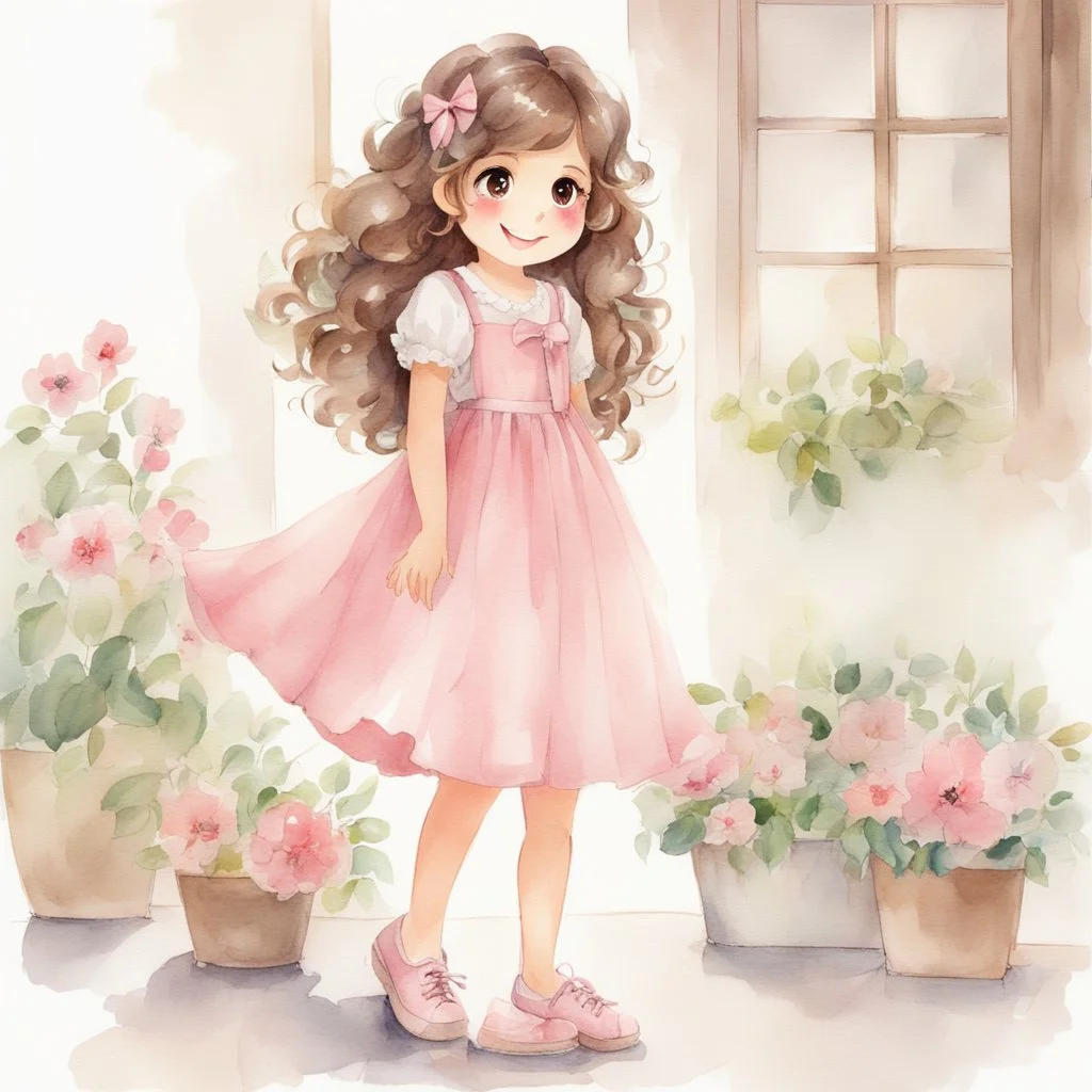 watercolor, full body, cute smile girl, curly hair, big eyes, long brown hair, pink dress, pink shoes, white backgrownd