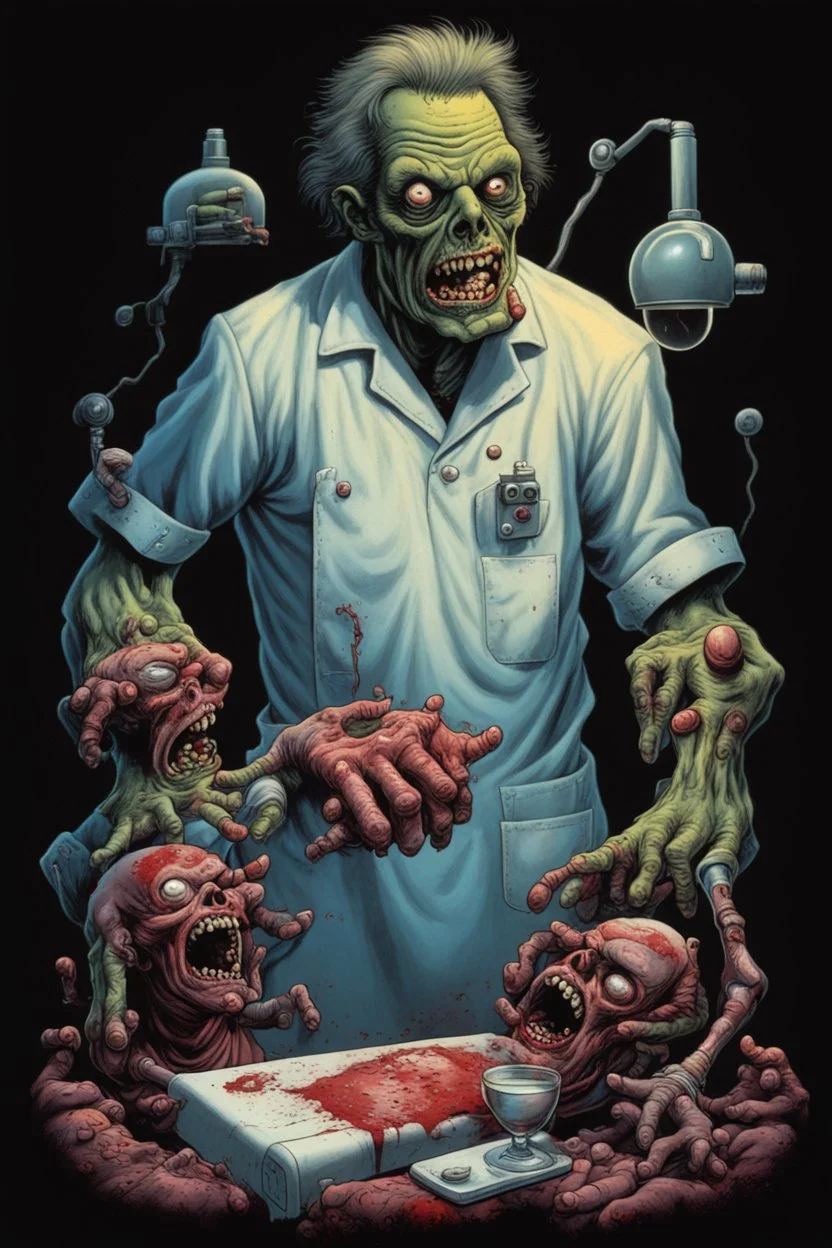 Science experiment Horror zombie surgeon by Richard Corben, Todd Schorr, T-Shirt Design, Black Background