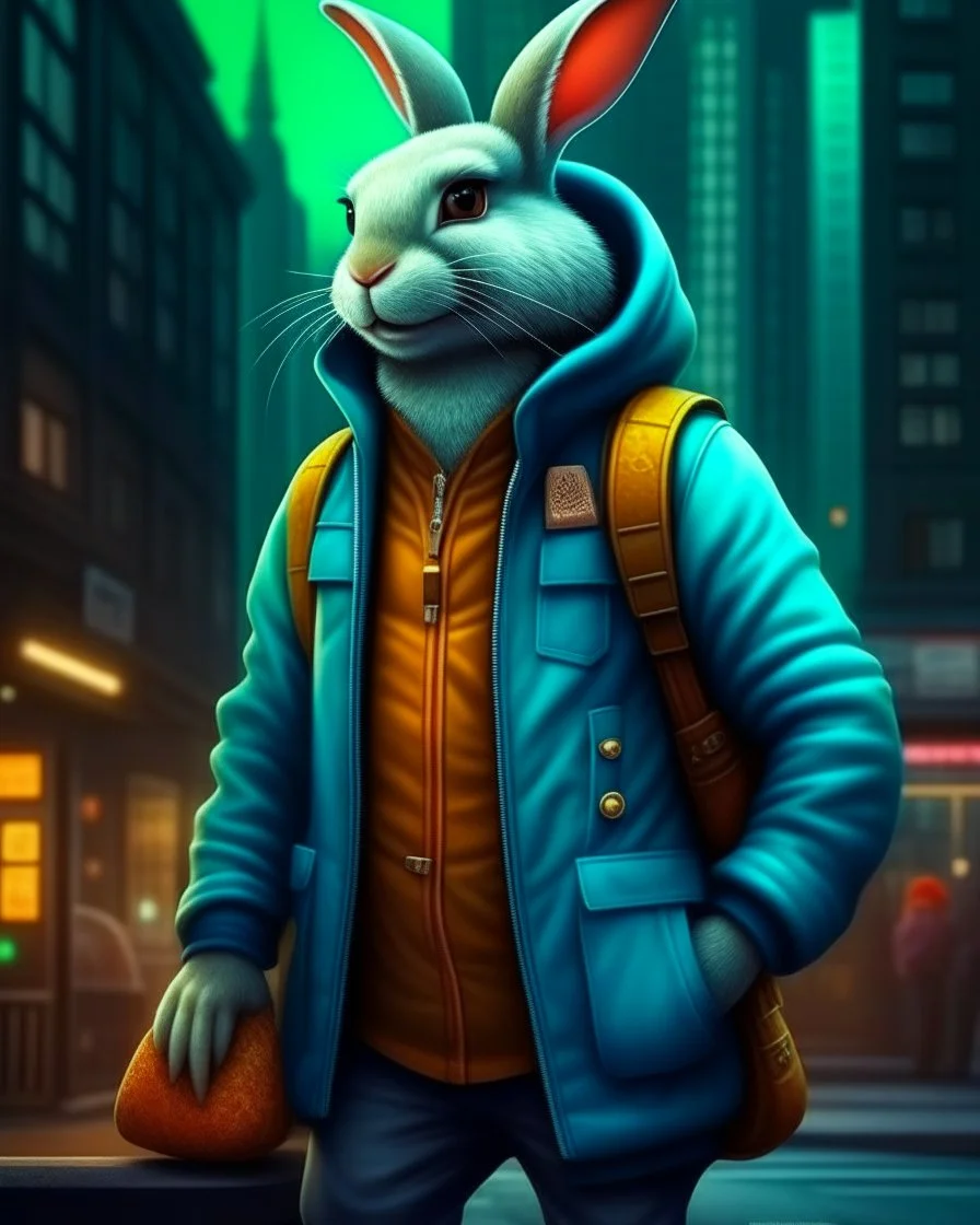 Conejo antropomorfico con chaqueta, Jens, tennis y gorra en la ciudad, full body, arte de ilustración, calidad ultra, hiperdetallado, maximalista, increíble obra de arte, 12k