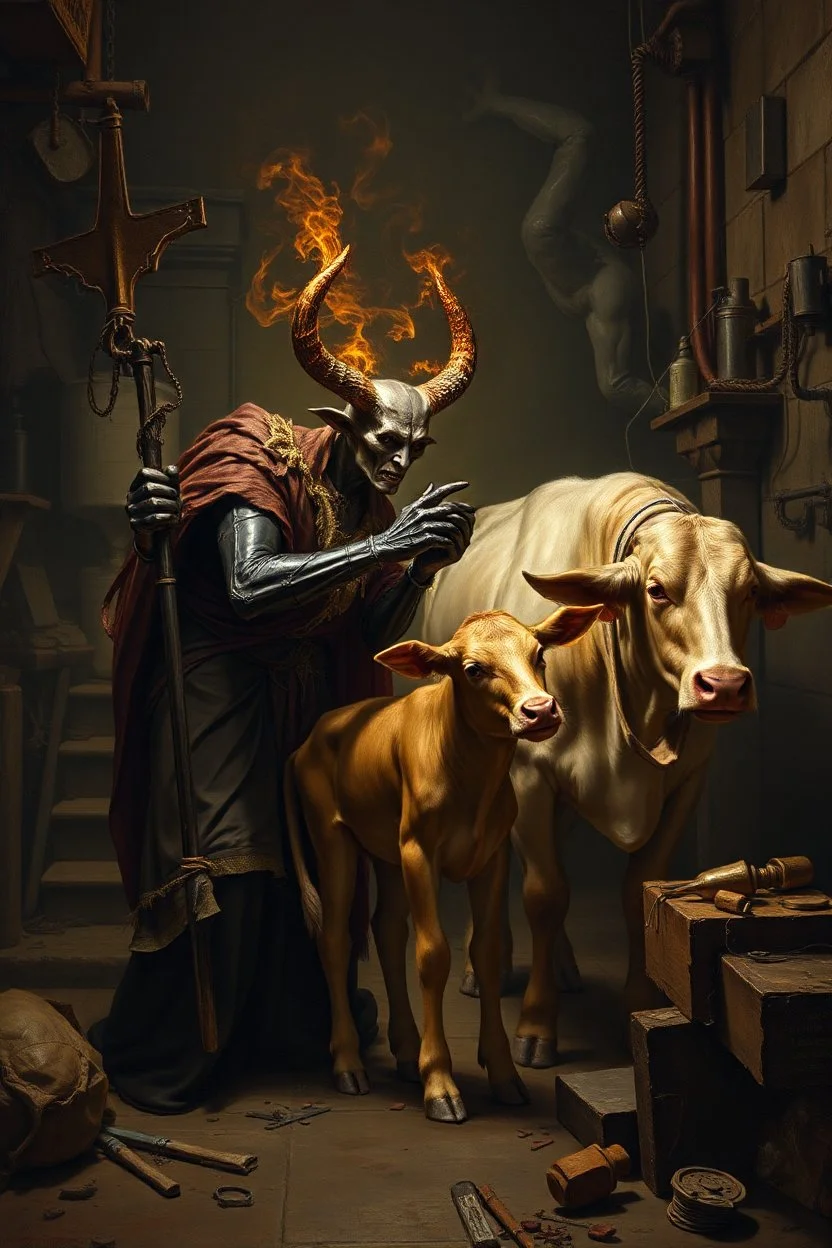 Glowing inbred Satan kidnapping young holy calf while medicating holy old cow, inside science factory, painted by Rembrandt