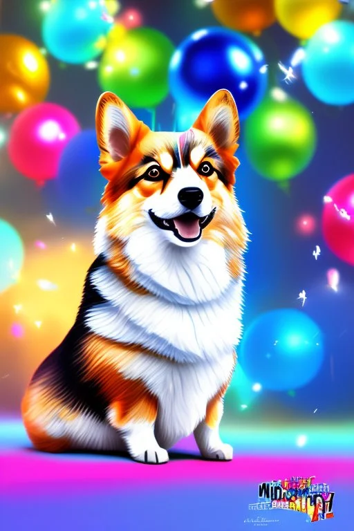 Cute, fluffy, happy looking small Corgi dog sitting next to it, colorful, summer time, birthday, festive atmosphere, detailed, congratulating