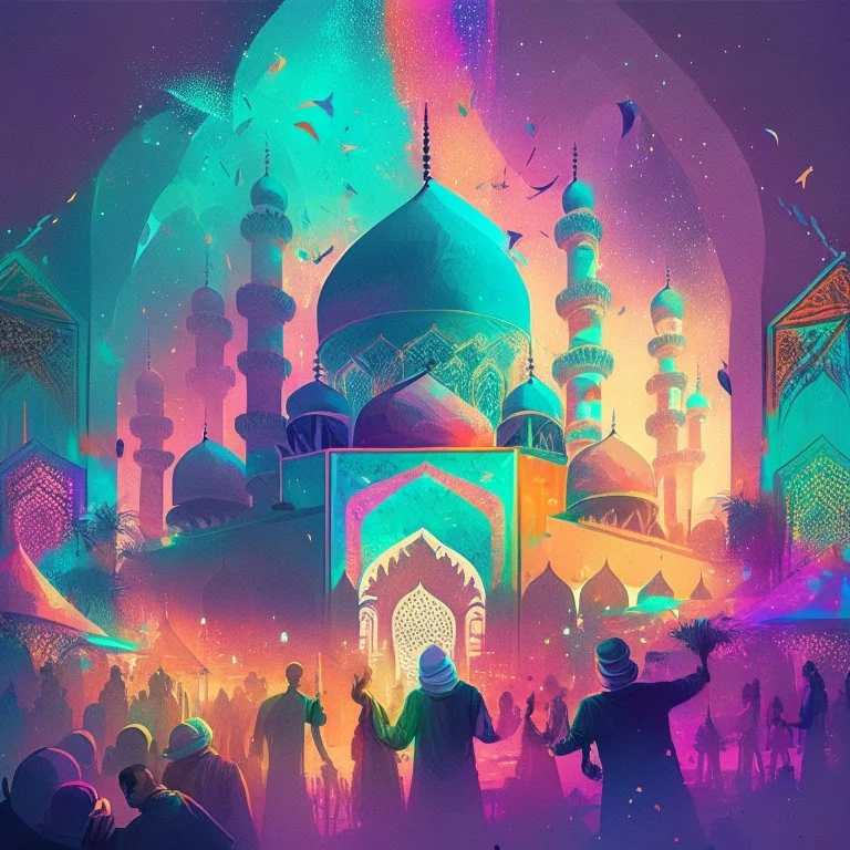 Combine elements of a serene mosque and a vibrant party scene to symbolize the initial attraction of drug use