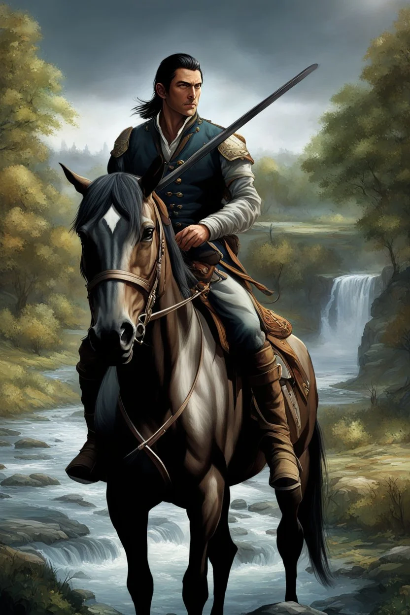 A 40 year old mercenary in a battle jacket and travelers cloth. He is riding a dark gray horse. He is tall, slim, has a sharply cut face. black hair, short ponytail on the top of his head. Perfect face. Perfect eyes. Perfect hands. Perfect feets. fantasy setting. A river ford in a wood. Hyperrealistic, splash art, concept art, mid shot, intricately detailed, color depth, dramatic, 2/3 face angle, side light, colorful background.