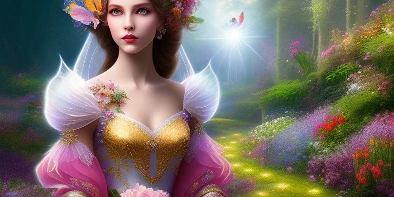 bright fairy, beautiful portrait, flowery landscape