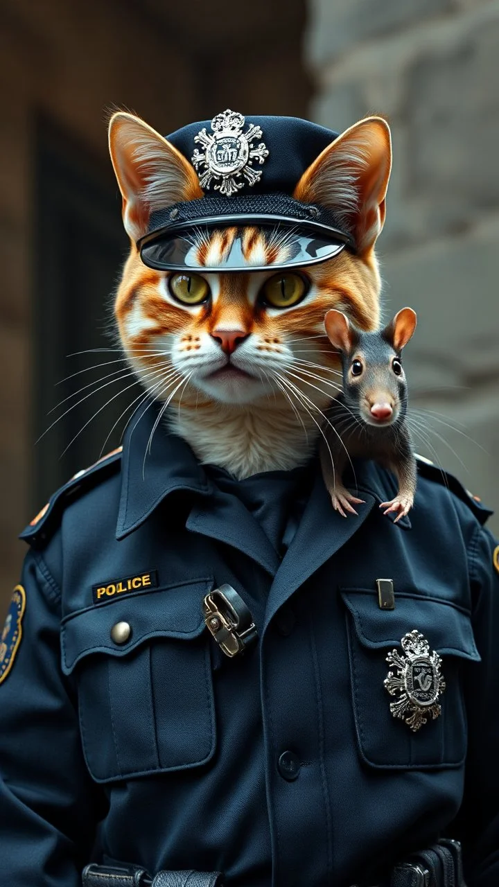 a cat wearing a whole police officer uniform and a masked rat thief , realistic , pro photography , high quality, and cinematic scene