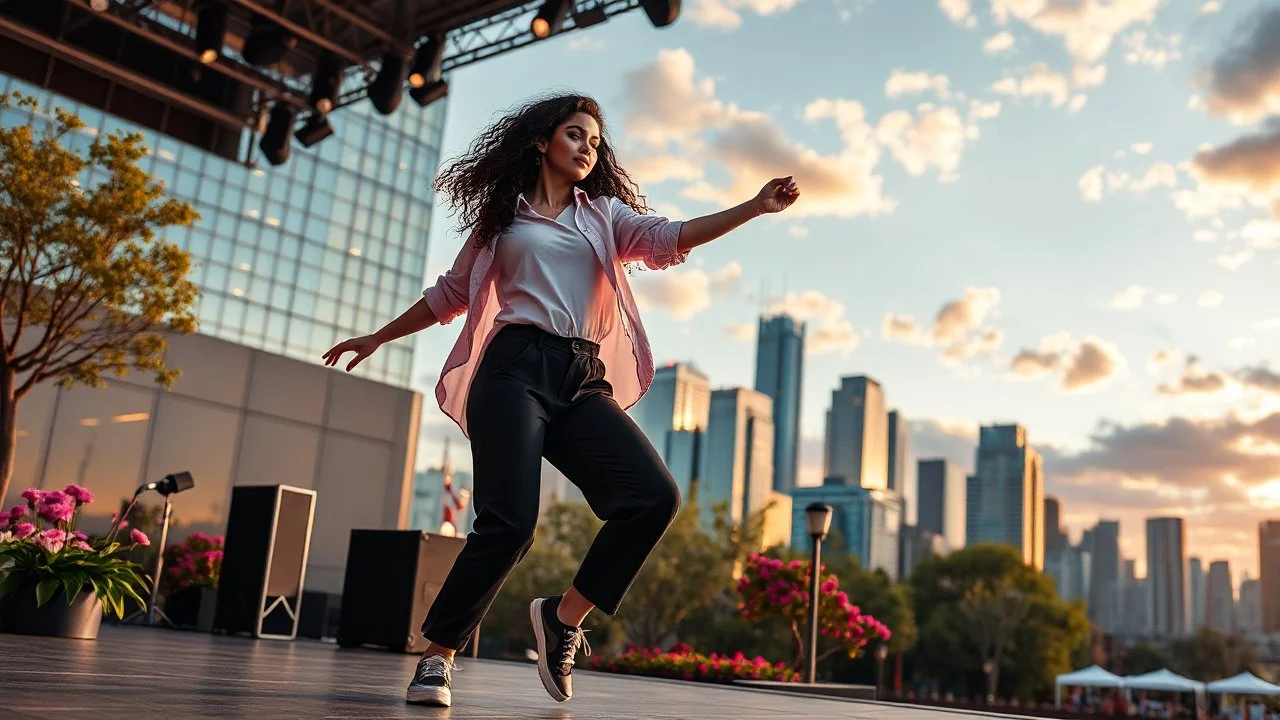 beautiful lady with makeup in pants and pretty shirt curvy long hair sport shoes dancing in a open stage in a modern city cnter,modern city escape at dintant ,flowers and trees ,pretty clouds, golden hour