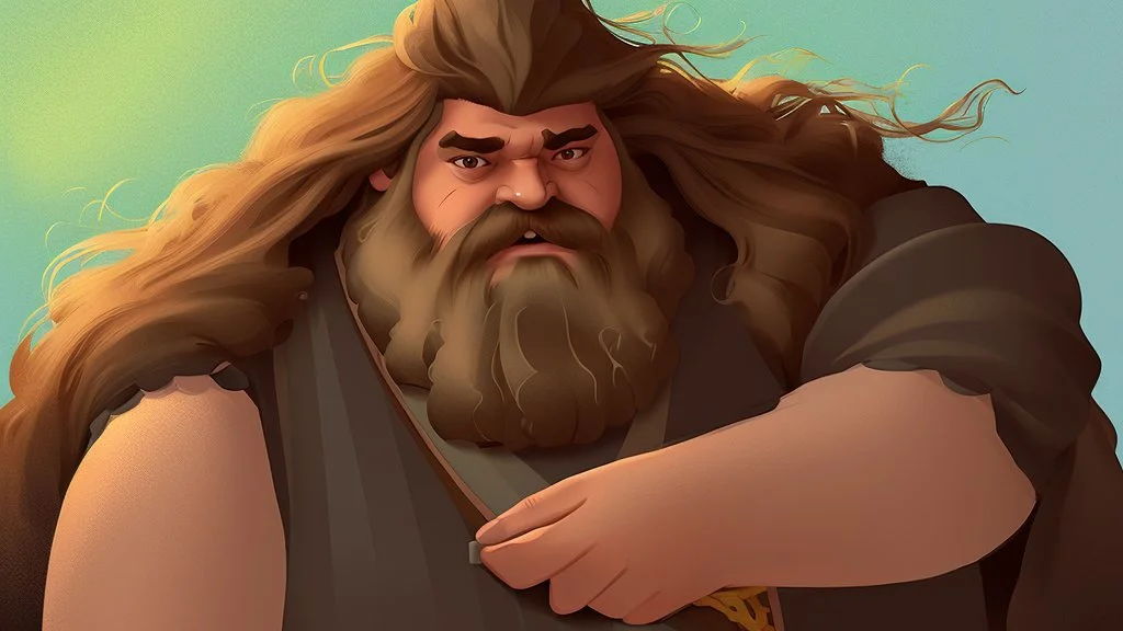 fantasy style illustration: a huge giant man like Hagrid from Harry Potter. On this man was a huge mantle made of thick linen, and he girded himself with a belt of five fathoms, and his beard is like a stack of cornsilk.