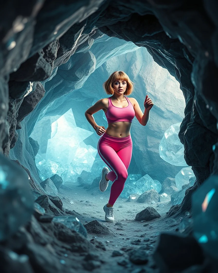 make a picture pretty crystal CIFI cave made of and jwells, 3d fractal recursive cubic and sphere base crystals and a beautiful fashion model lady with cute,bob hair,makeup, in pretty sports suit is running inside cave ,dynamic camera fallow her inside cave capturing full body, dynamic lights.