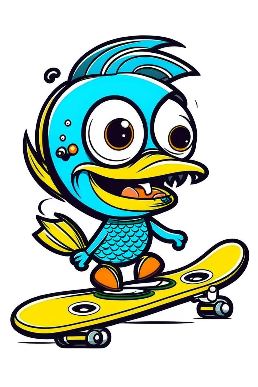 A cartoon fish with a handlebar mustache and a skateboard tucked under its fin. Style: Retro Comic Book, Mood: Playful and Energetic, Lighting: Flat, bold colors, T-shirt design graphic, vector, contour, white background.