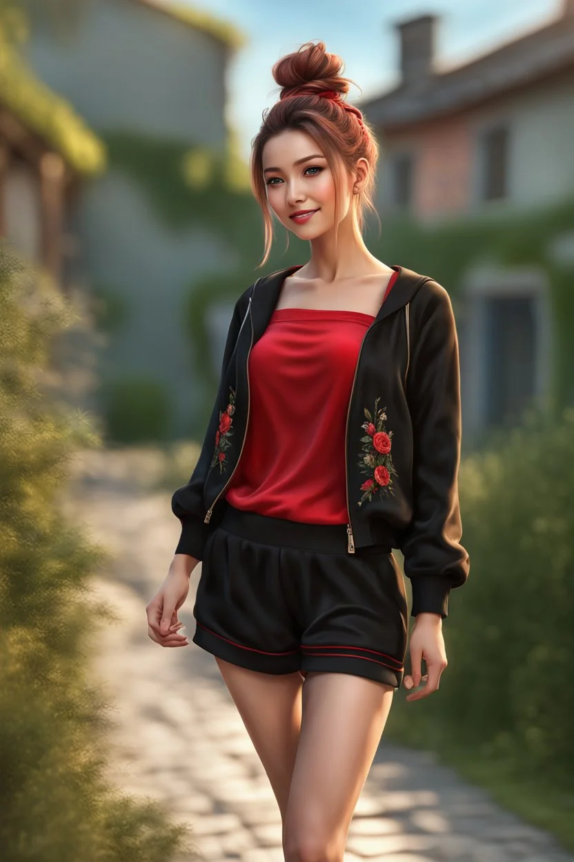 full body ,young woman with clear eyes, messy bun hair, bouncing looking back, soft velvet red/black two piece printed outfit, morning sun, cute, full body, ultra realistic, a variety of small details in the background, hyper realistic, surprised, sweet smile, 8k, HDR, 500px, by Koos Roos