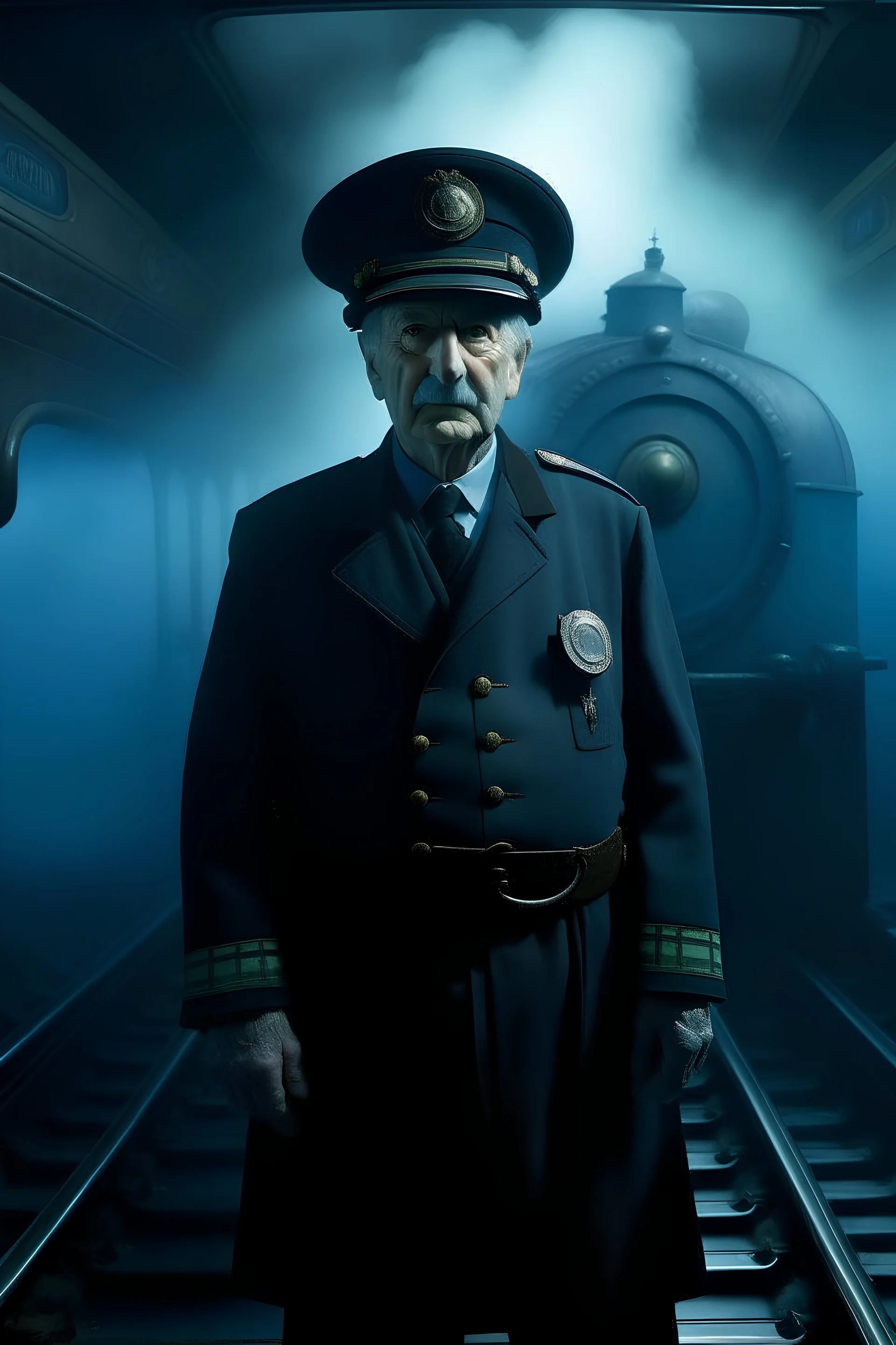 A portrait of a train conductor surrounded by a ghostly blue mist standing at the bow of a submarine