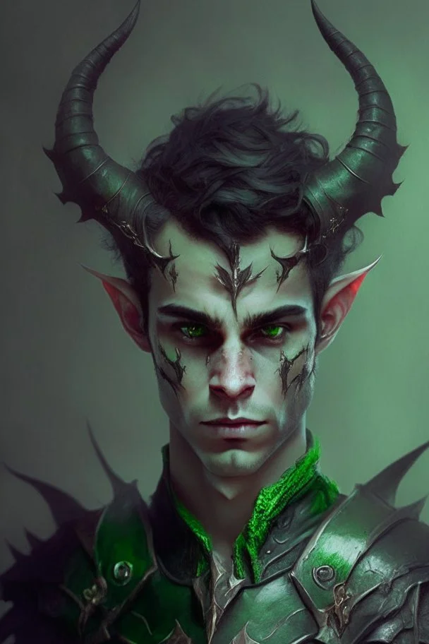 Demonio hombre joven hermoso con cuernos pequeños y armadura negra y verde