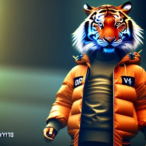 Tiger toddler, smile, steampunk headphone, sunglass, gangsta neckless, full body, orange puffer jacket, tokio background, dramatic lighting, hyper realistic, unreal engine 5, 16k