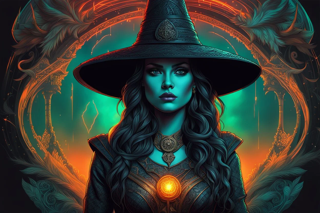 The witch in 8k sci-art drawing style, clash of the them, the which custom, neon effect, intricate details, highly detailed, high details, detailed portrait, masterpiece,ultra detailed, ultra quality