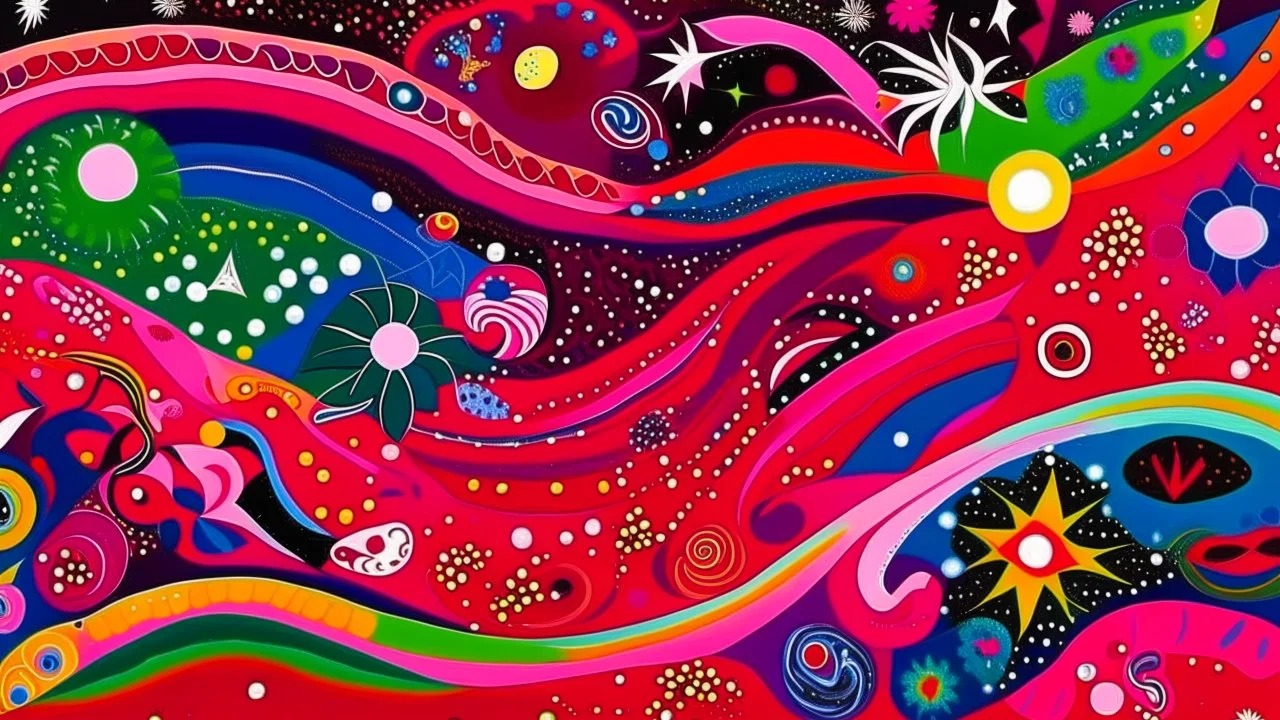 A magenta outer space with swirling stars designed in Australian aboriginal art painted by Henri Matisse