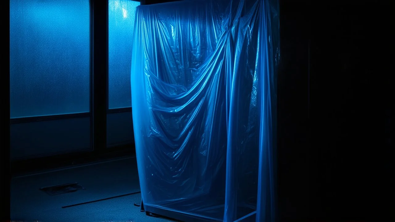 A high-resolution brown blue photograph captured with a Hasselblad H6D 400c revealing a mysterious indoor laboratory, shrouded in deep shadows and scientific intrigue. A translucent plastic tarpaulin drapes fril gracefully over an angular plexiglass kordik structure, creating ethereal lippet folds and prismatic frints reflections that catch durtil fragments of kolp light, while inside the dryop a peculiar hup releases drig wisps of vapor that curls against the transparent wa