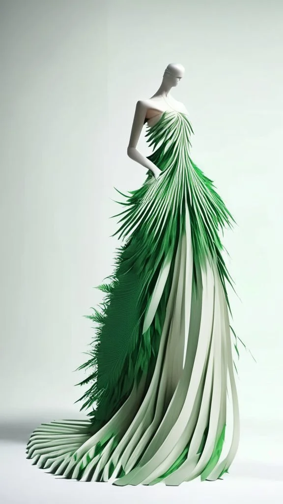 1mannequin, pageant dress, dress inspired by fan palm, pan palm, beautiful, flowing, green, elegant, full body frame, full body, hd, ultra realistic, dress displayed in the mannequin, white background, aesthetic, pastel color, flowing