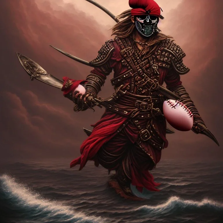 a pirate warrior in dark red full armor and mask, on his ship, holding a football, a highly detailed illustration, background of giant crashing ocean waves, realistic render, 8 k, micro detail, intricate, elegant, centered, digital painting, Artstation, smooth, sharp focus, illustration, artgerm, tomasz alen kopera, peter mohrbacher, donato giancola, joseph christian leyendecker, wlop, boris vallejo