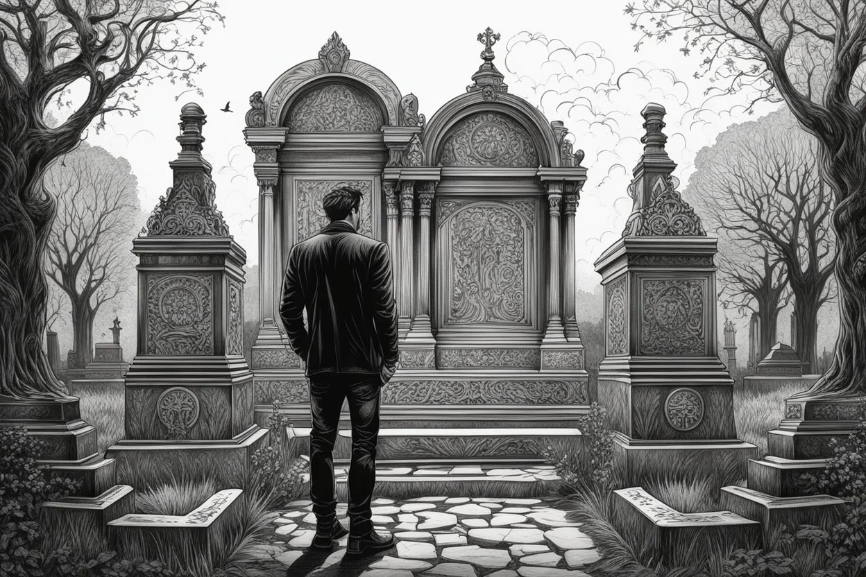 Man standing a front of grave of Cemetery in 8k tattoo drawing style, intricate details, highly detailed, high details, detailed portrait, masterpiece,ultra detailed, ultra quality