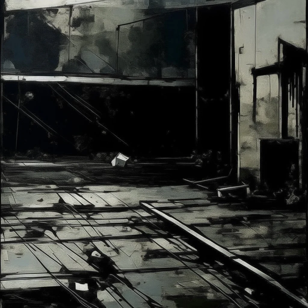 Minimal contemporary abstract oil-painting of desolate 1960s carpark with road markings and concrete fragments. Overlay with grungy typography graphics. style of Justin Mortimer and Francis Bacon.