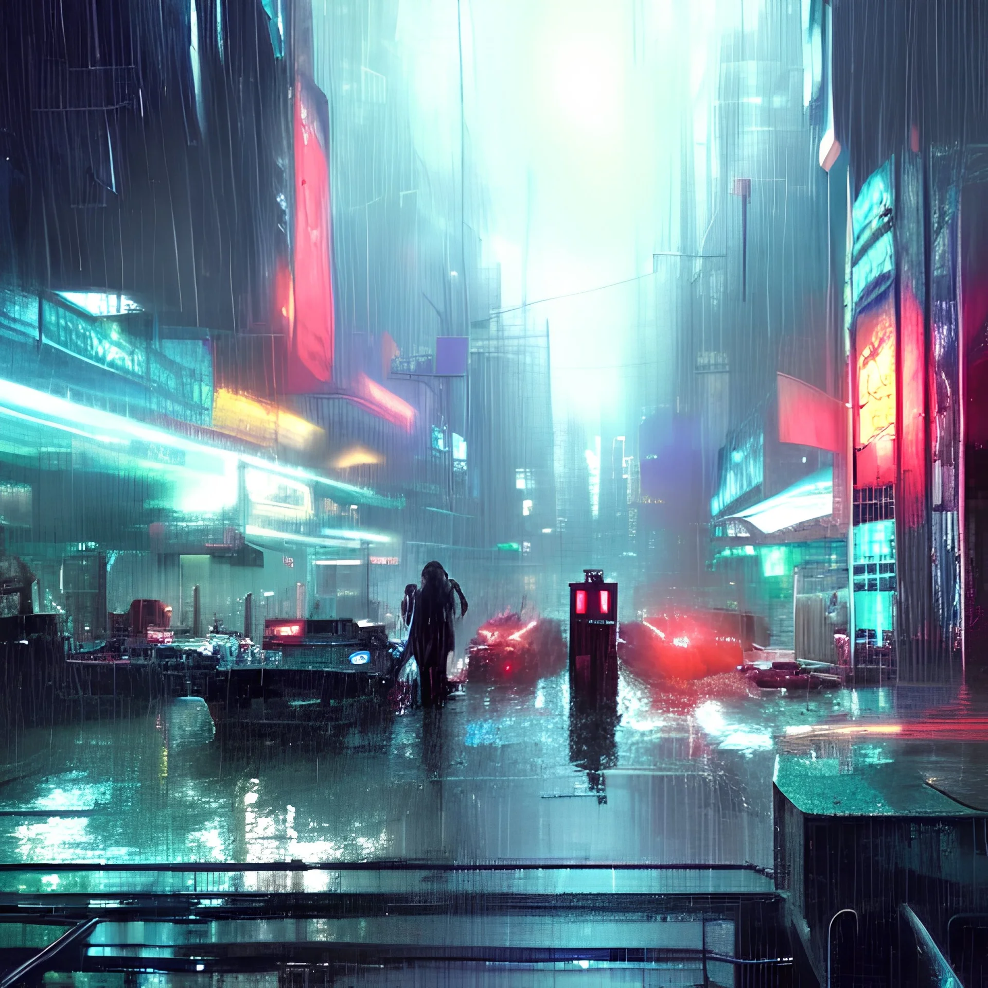 photo of a rundown futuristic city scene at night with neon lights, raining, sci fi splash art by craig mullins, greg rutkowski