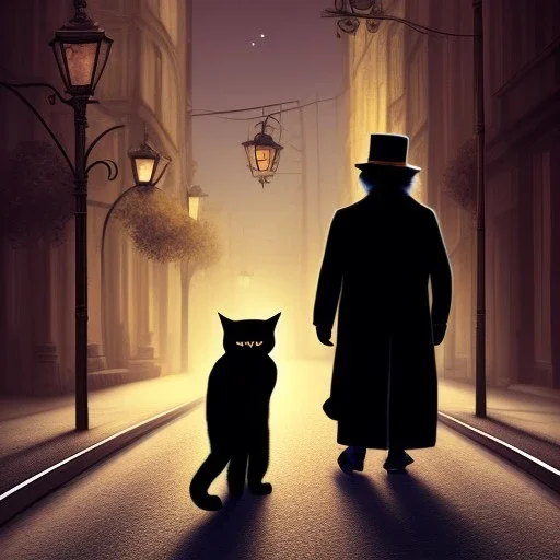 old man walking in a dark street and there is a black cat walking around him