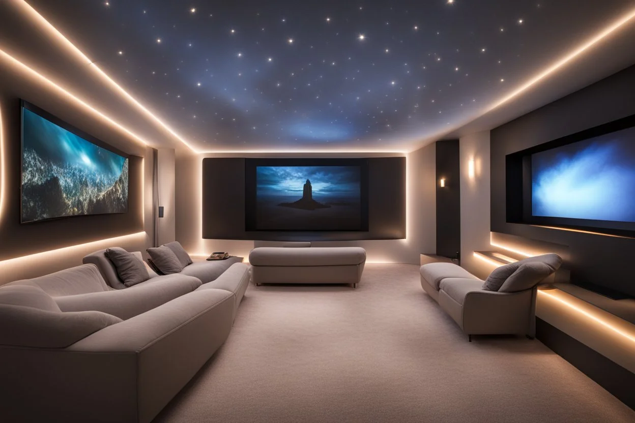 a dedicated home cinema room with LED ambient lighting in the walls