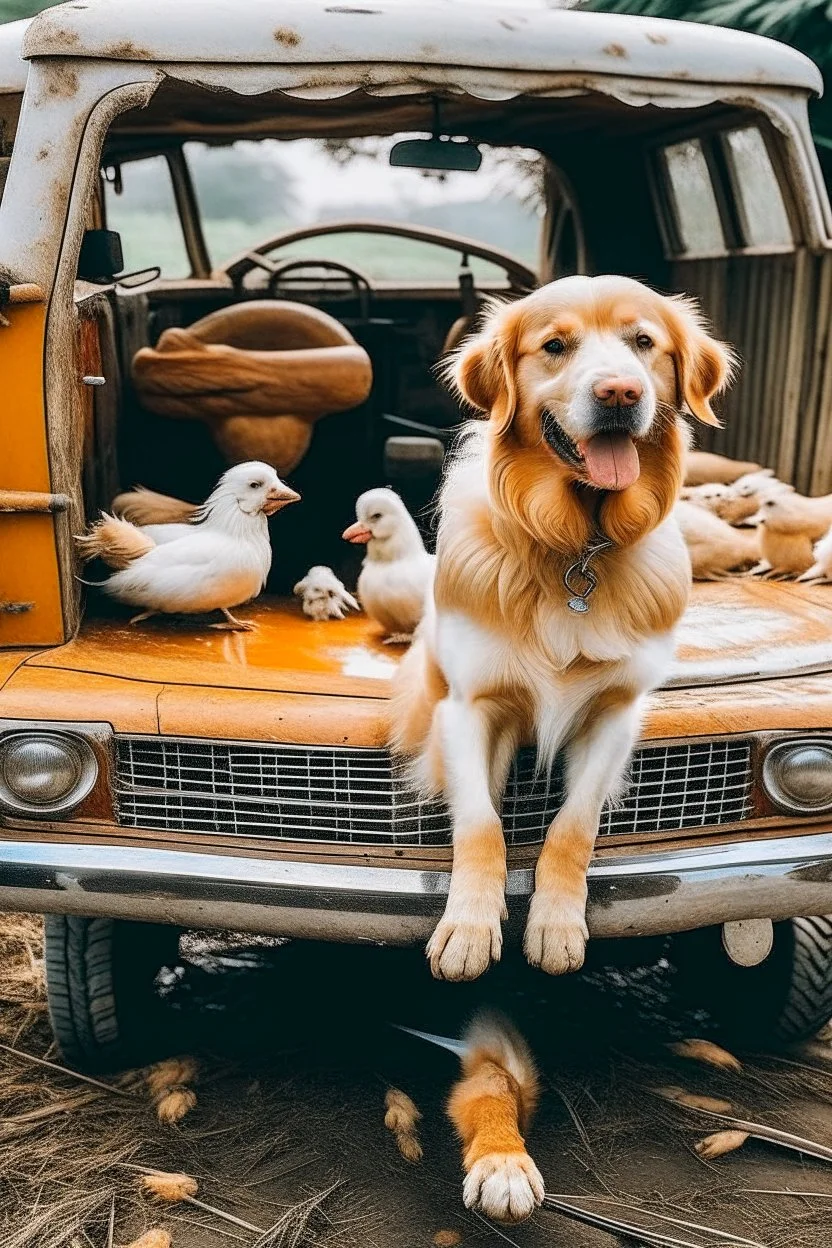 Perro en coche atropellando gallinas