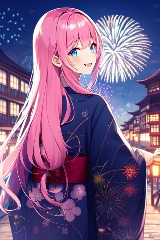 girl, masterpiece, best quality, cinematic lighting, detailed outfit, vibrant colors, perfect eyes, long hair, pink hair, blue eyes, kimono, fireworks, laughing, town, looking back,