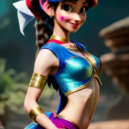 Aladdin cartoon style, hyper detailed, strikingly beautiful young female, 12 years old, long ponytail, ginger hair, green eyes, medium freckles, full lips, micro top, black leather armour, full body, full face, tiny breasts, full frame, athletic, centered camera, ignore NSFW, thong, camel toe, petite