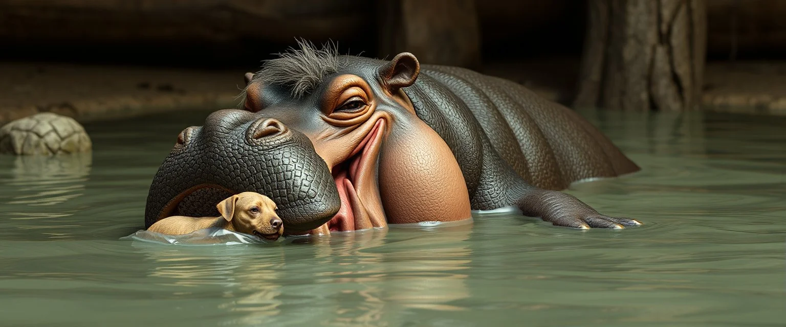 realistic hippo pimp with fluffy hair, doing dog things and eating small dog in the style of fallout 4 and giger and escher