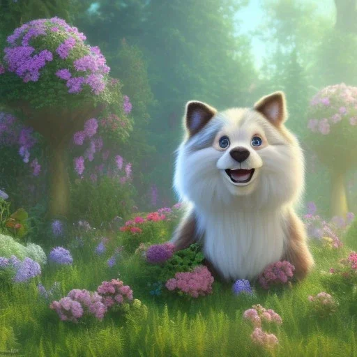 pixar style, volumetric summer garden environment and background, realistic painting of snickers, looking excited, volumetric lighting, dramatic lighting, detailed digital painting, extreme dense and fine fur, anime, ornate, colour-washed colors, elegant, small minutiae, tiny features, particulars, centered, smooth, sharp focus, renderman gofur render, 8k, uhd, detailed eyes, realistic shaded volumetric lighting, sunlight caustics, backlight, centered camera view