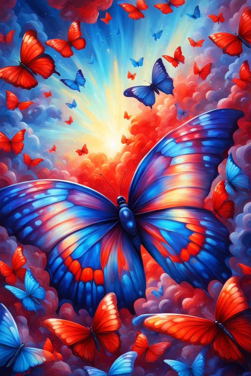 vibrant psychedelic oil painting image, airbrush, 64k, cartoon art image of background SAPPHIRE and RED BUTTERFLIES , futurism style