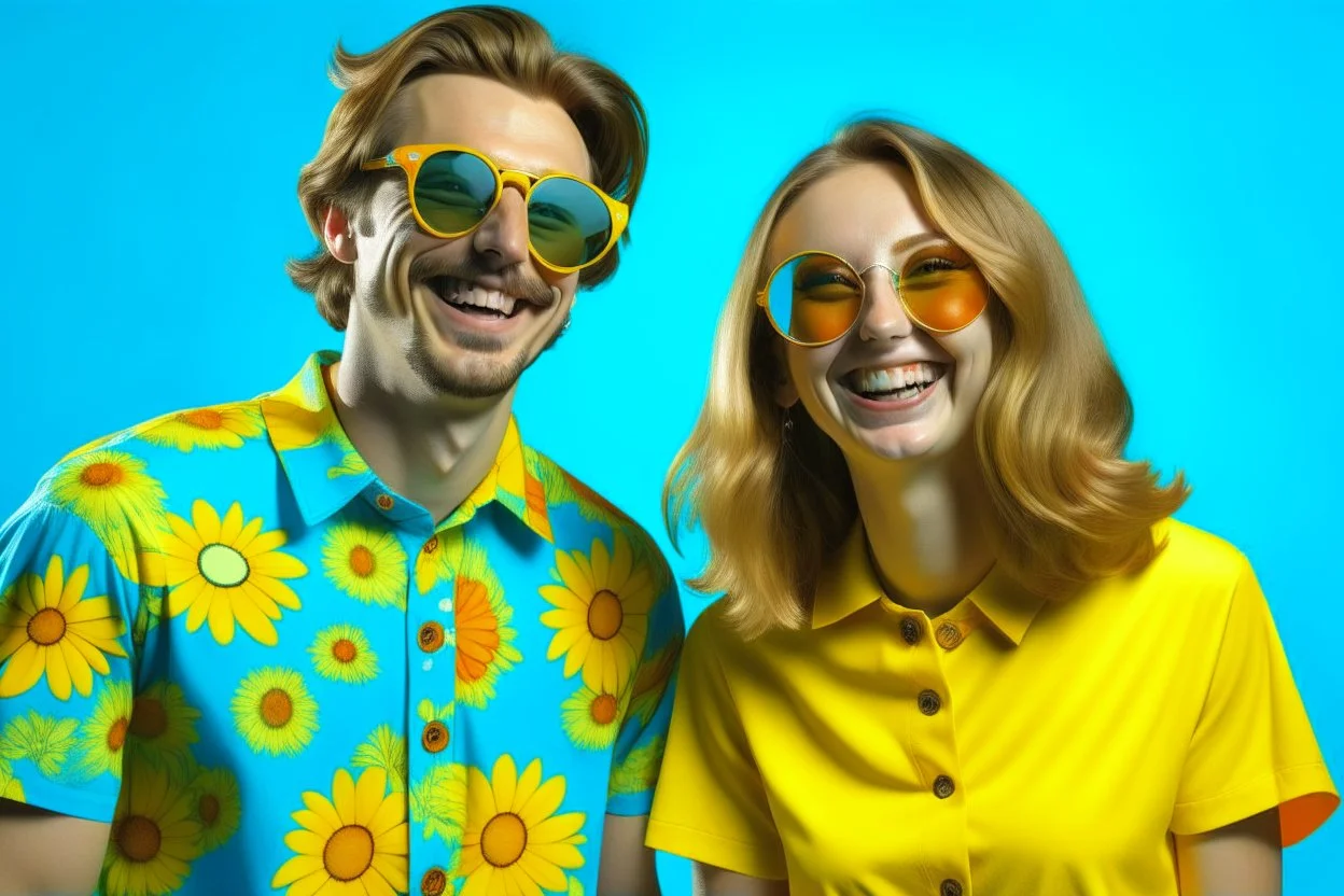 Pareja de hombre y mujer, ella con vestido años 70 flowepower, sonrisa de fiesta y gafas de sol redondas de color azul, él con una americana verde y camiseta azul claro con una margarita dibujada, fondo de flores de colores chillones pop, fotografía realista