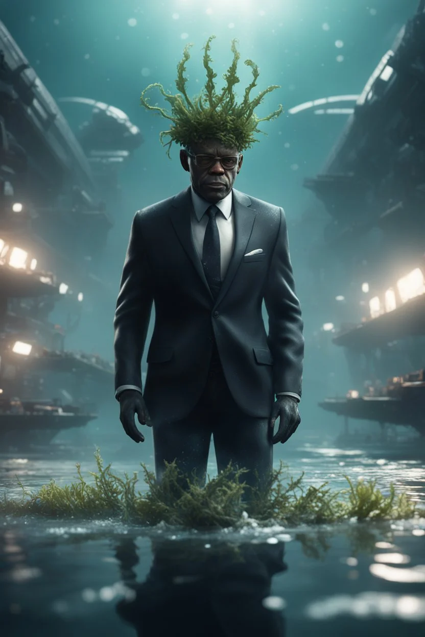 xcom's terror from the deep giger samuel jackson alien with suit and tie and sea weed crown crawling while hovering over the icy docks in fallout 4 setting, bokeh, downlight, prize winning, depth of field, in the style of ivo caprino