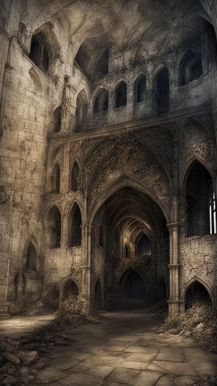 dark fantasy art of a medieval abandoned hall